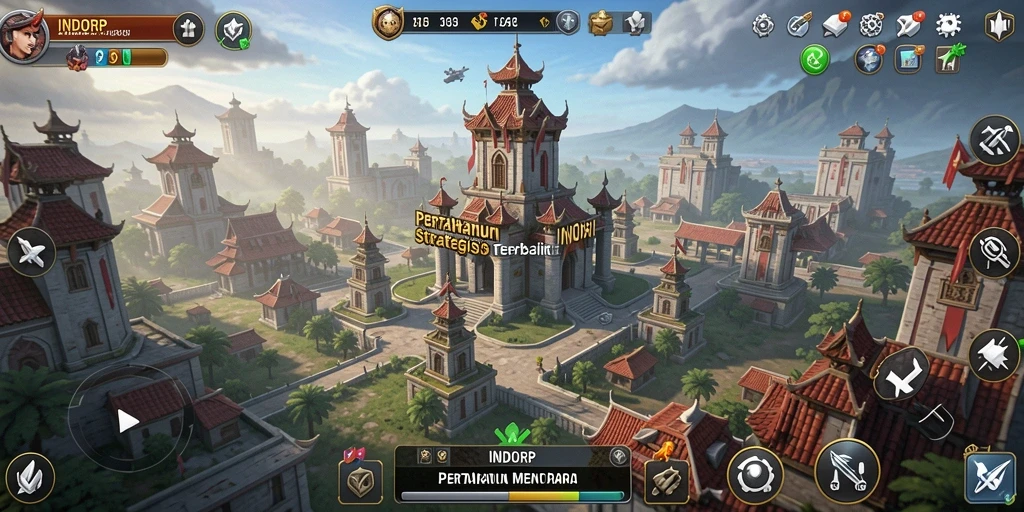 Screenshot gameplay INDORP menampilkan menara pertahanan yang siap melawan gelombang musuh.