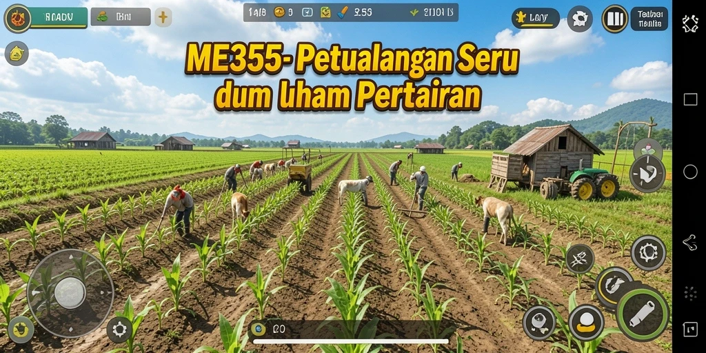 Screenshot utama ME355 menunjukkan aksi seru bertani di ladang yang luas.