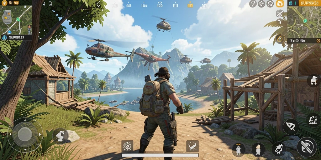 Tangkapan layar gameplay SUPER33 menampilkan suasana dunia terbuka yang menakjubkan.